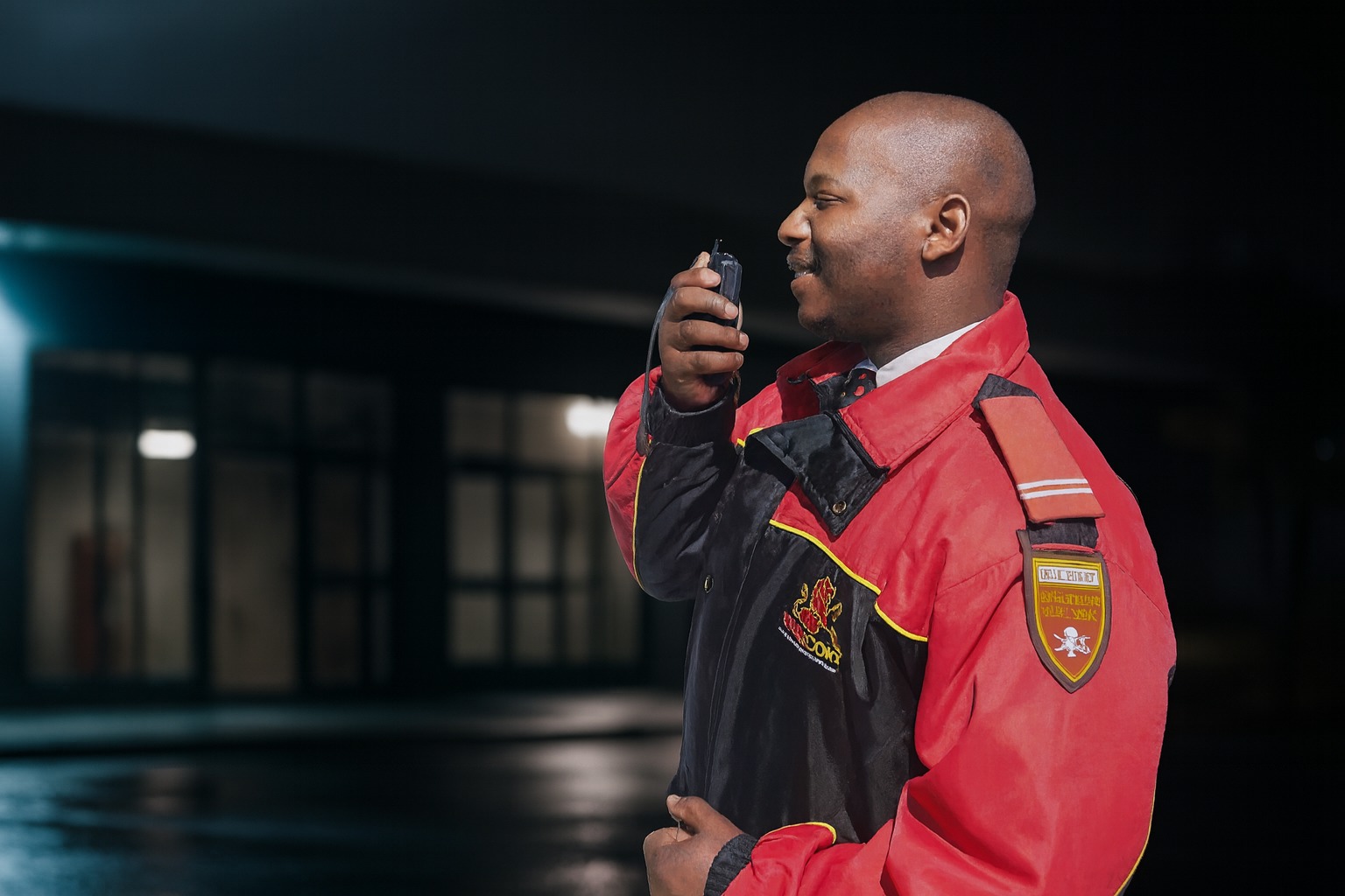 Security officer in a red and black uniform speaking into a two-way radio outside a building at night